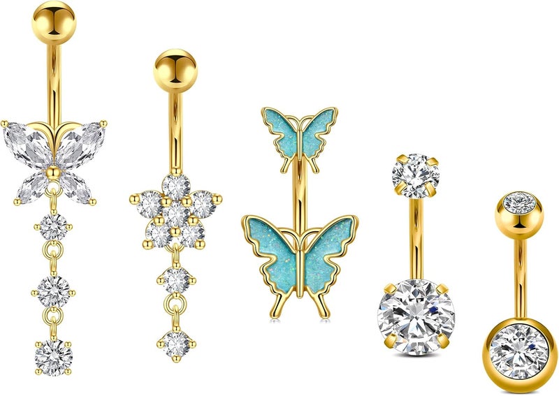 Incaton 14G Belly Button Rings, Stainless Steel Diamond Belly Rings For Women, Dangle Belly Button Rings With Butterfly, 6mm Short & 10mm Bar Navel Piercings - Image 1